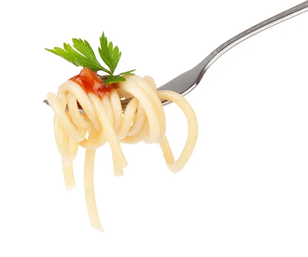 Pasta on fork isolated on white