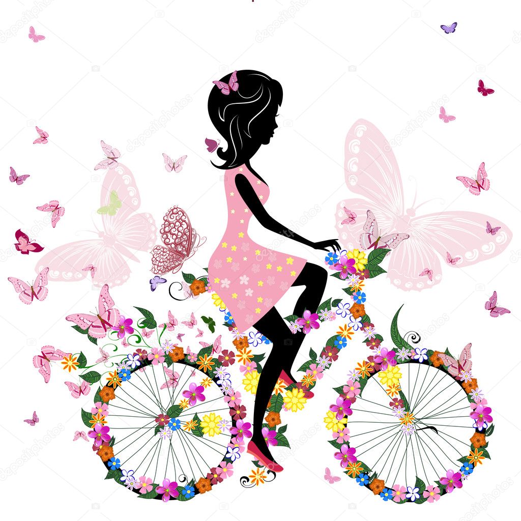Girl on a bicycle with a romantic butterflies — Stock Vector #6735183