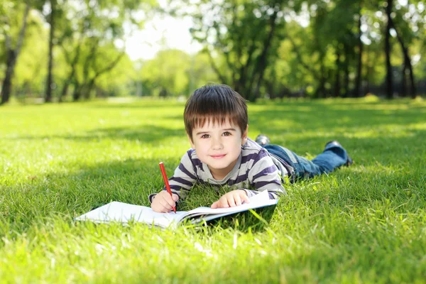 Portrait of a boy with a book in the park