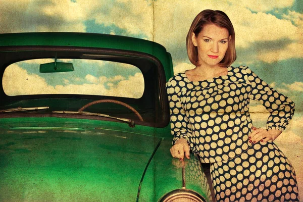 Vintage collage with beauty woman in green car