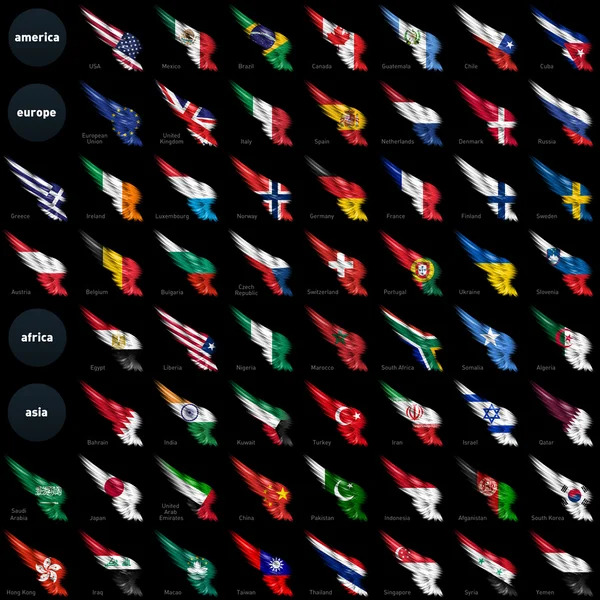 Big Set of european, african and american flags on wings
