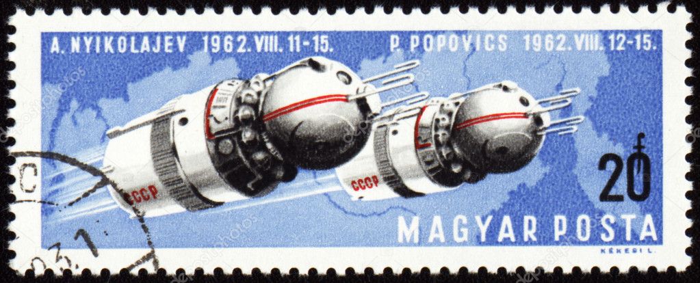 Soviet Spaceships Vostok 3 And Vostok 4 On Post Stamp Stock Editorial