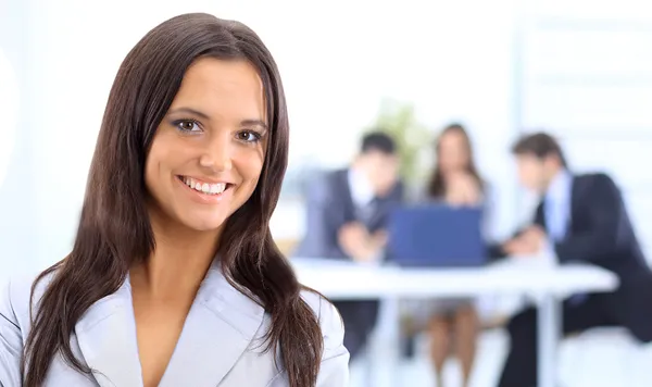 Face of beautiful woman on the background of business