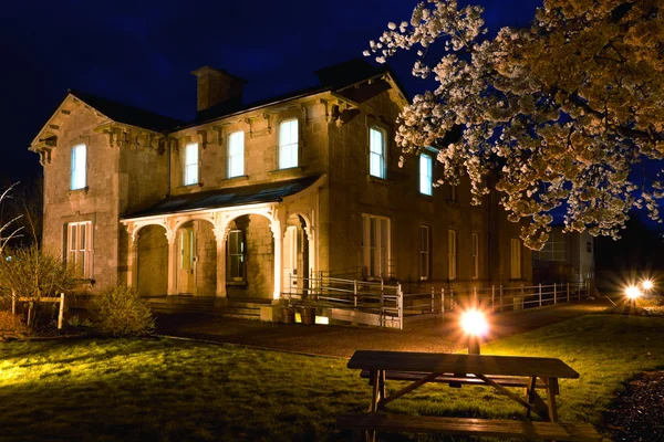 Old Railway Hotel at night and cherry blossom