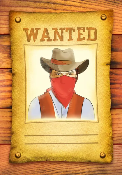 Wanted poster with bandit face in red mask on wood wall