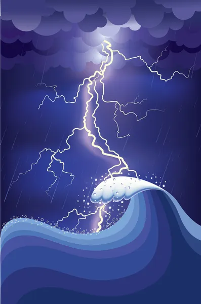 Storm in ocean with ightning strikes and rain.Vector illustratio