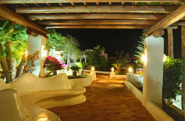 Illuminated recreation area of luxury hotel, Tenerife island, Sp