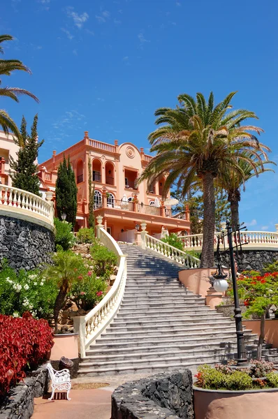 Front staircase at luxury hotel decorated with flowers, Tenerife