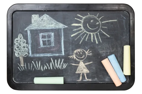 Children's chalk drawing on school board