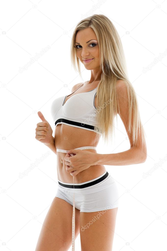 Beautiful Blonde Is Measuring Her Waist Stock Photo Pilgrim 6382927