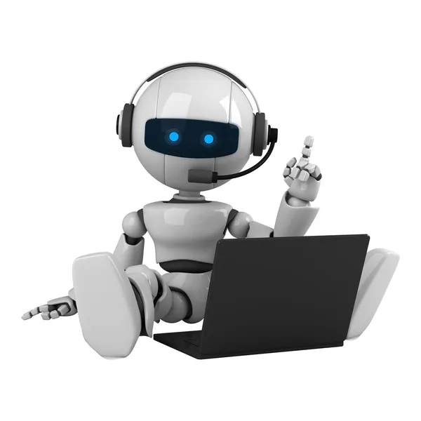 Funny robot sit on headphones and notebook