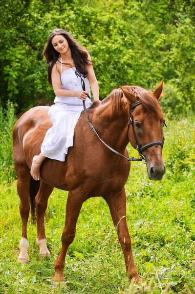 Young beautiful woman rides a horse