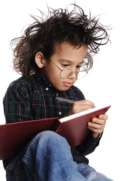 Smart nerd kid with glasses and funny hair writing