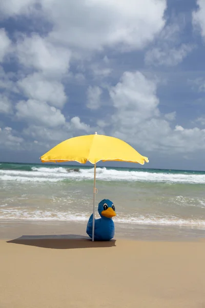 Blue toy bird under yellow umbrella