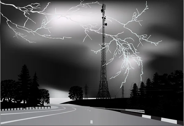 High-voltage tower at thunderstorm