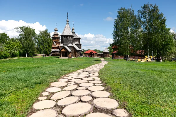 Wooden footpath to old Russian wooden churches in Suzdal.