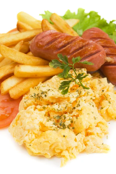 Scrambled eggs with sausage and french fries