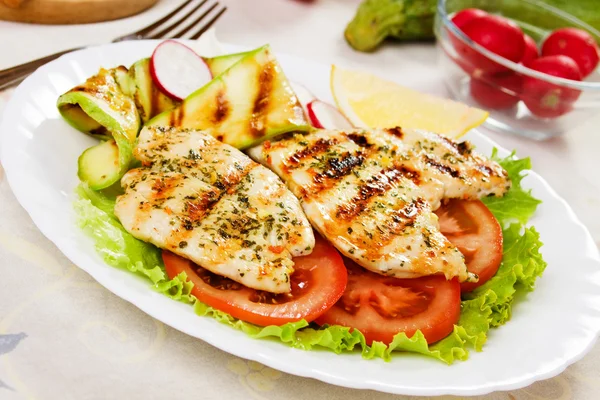 Grilled chicken meat with vegetables