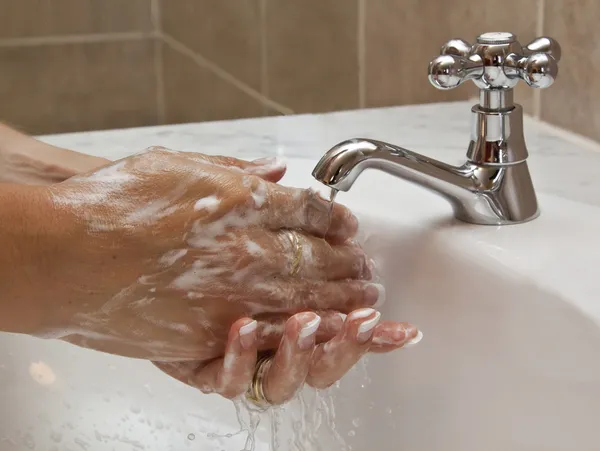 Hands washing in basin