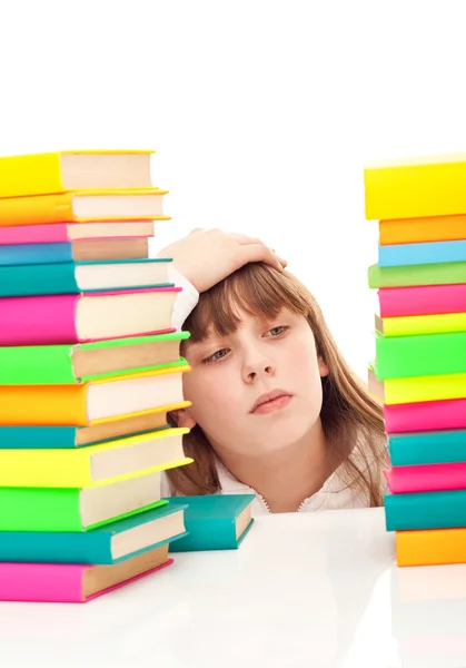 Worry schoolgirl with books