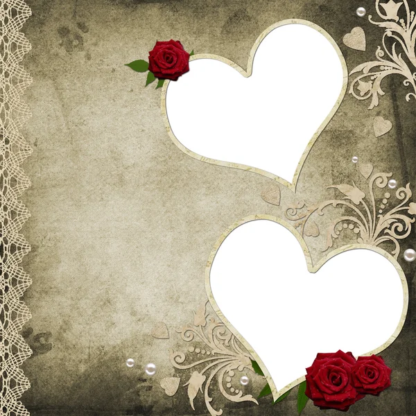 Textured grunge background with hearts, rose and lace