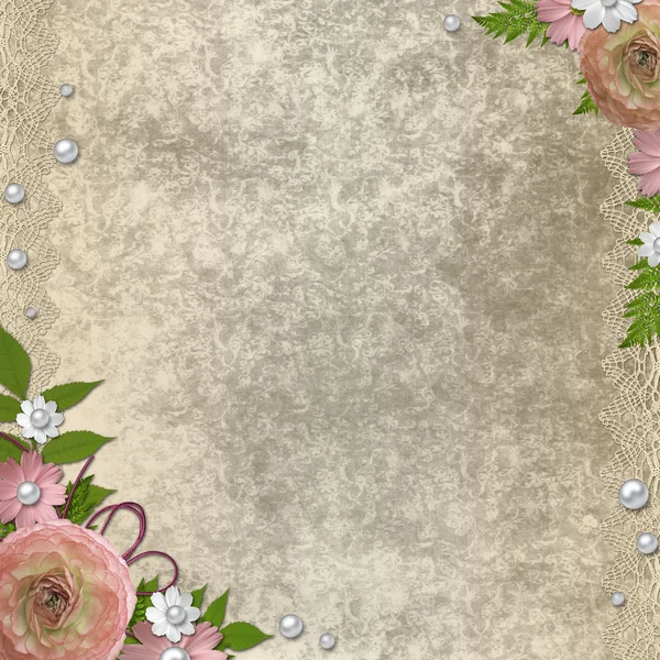 Vintage beige background with pink roses, pearls and lace