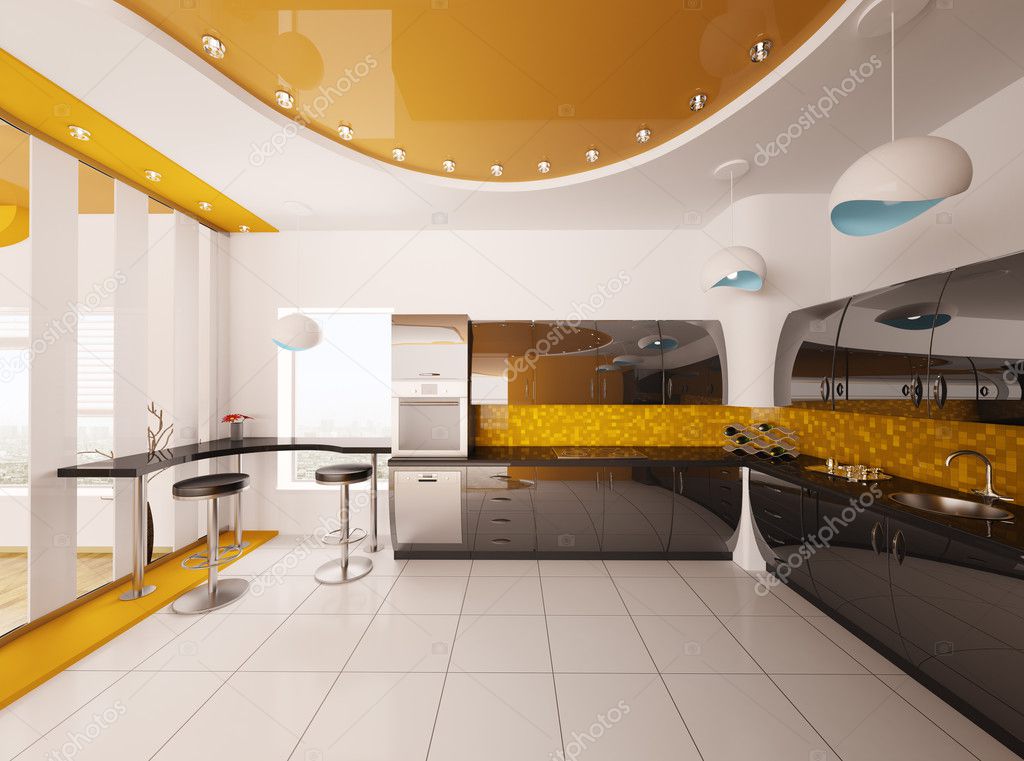 Diseño de interiores de render 3d cocina moderna — foto de stock ...