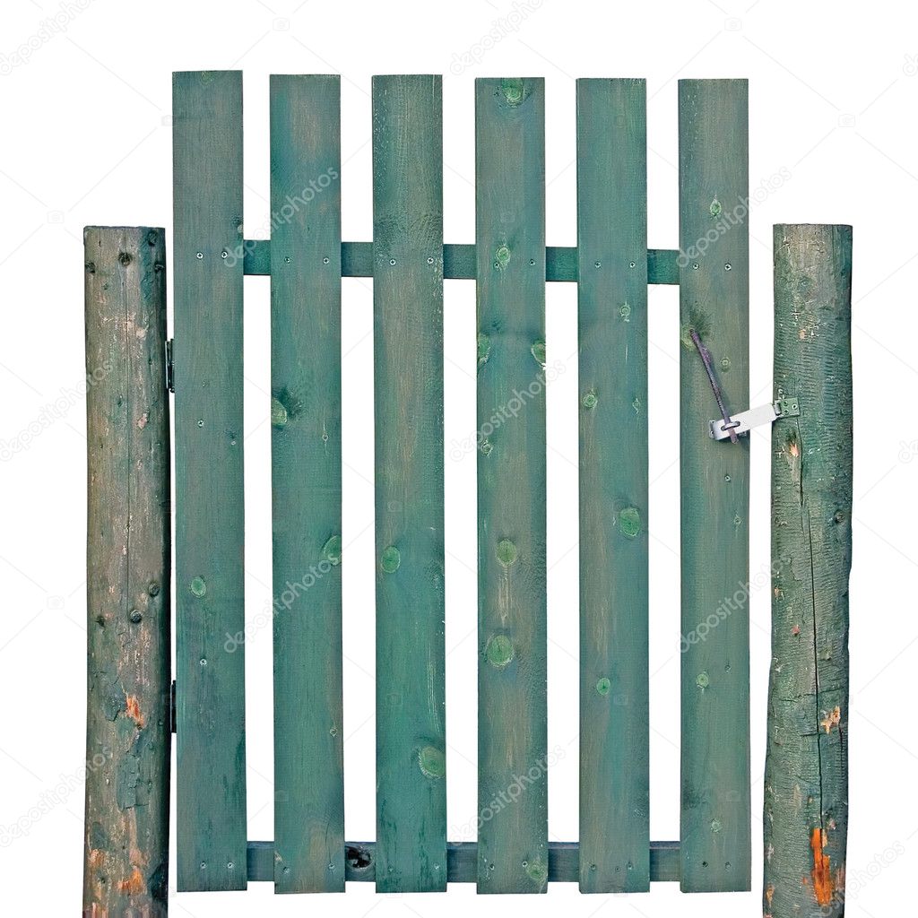  , Aged Green Weathered Isolated Garden Fence Entrance - Stock Image