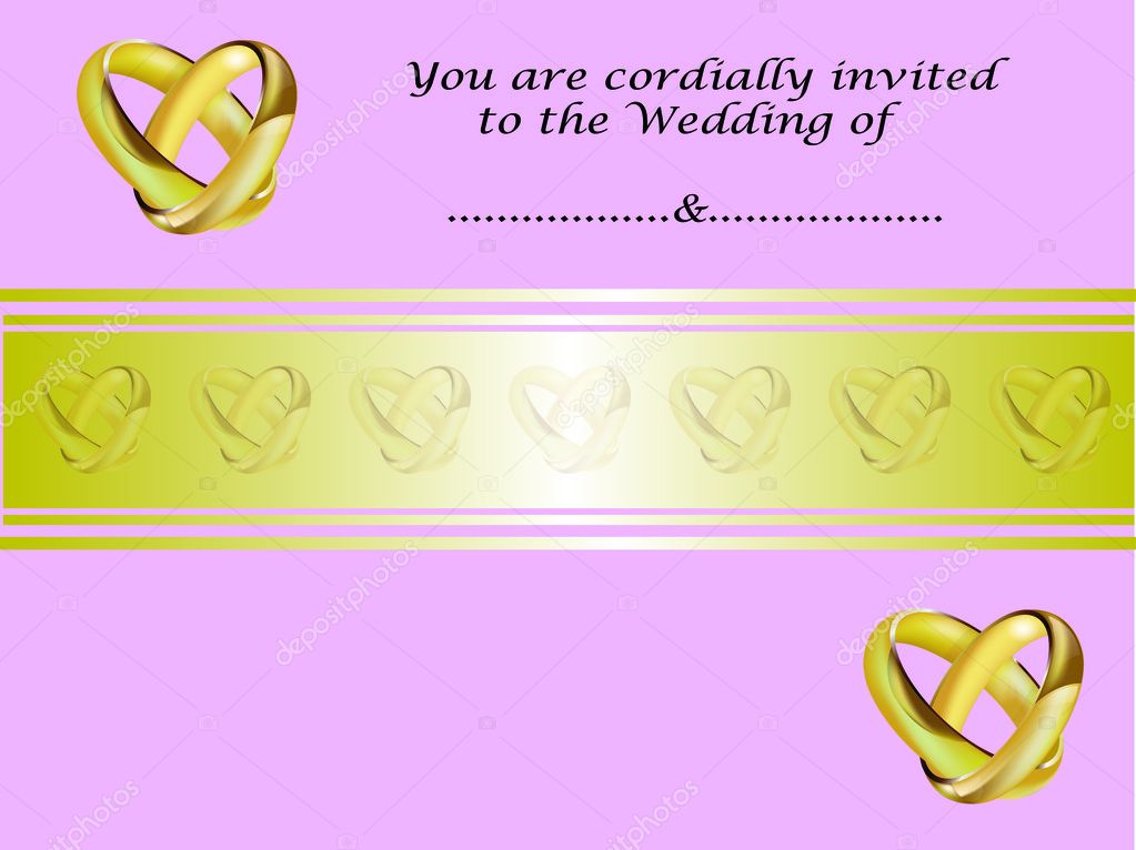 A wedding invitation card with intertwined gold rings and room for text