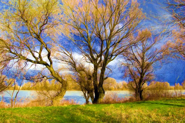 Landscape painting - trees beside the river