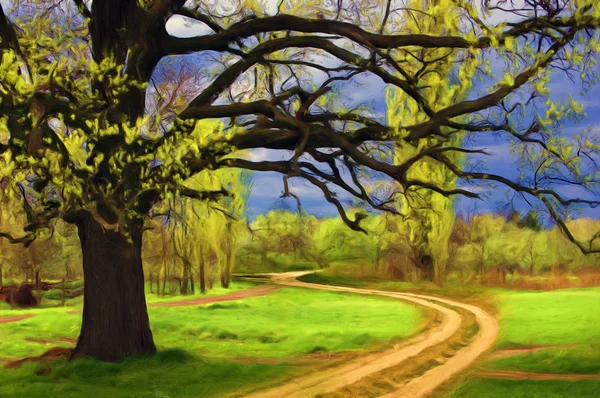 Landscape painting - giant oak, meadow and road