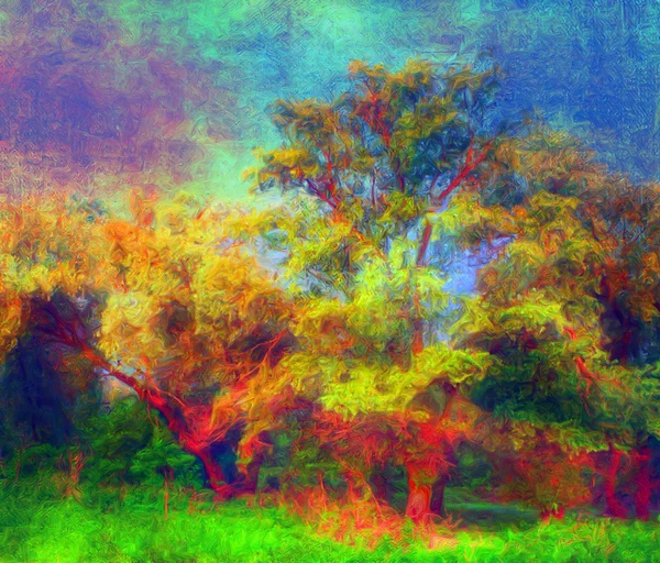 Landscape painting showing colorful old forest