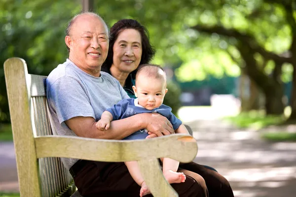 Child and grandparents in a park