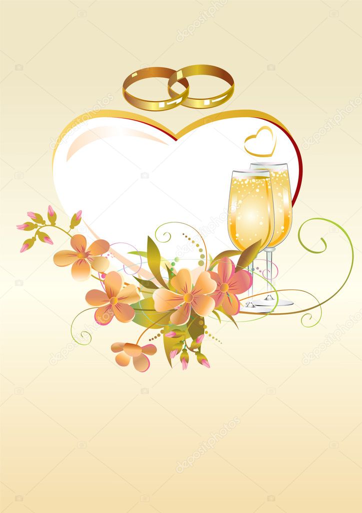 Card with heart wedding rings flowers and champagne glasses
