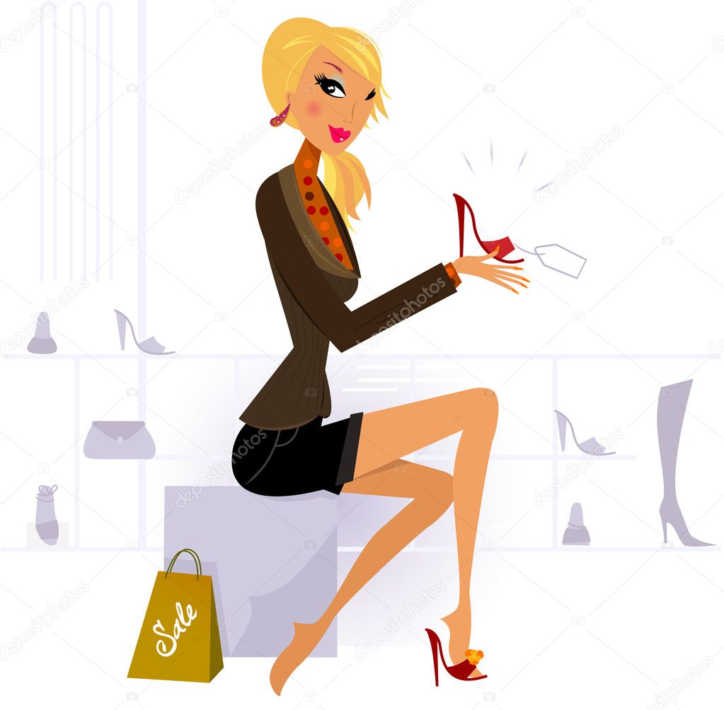 Blond hair woman buying fashion red Shoe in Store Stock Vector