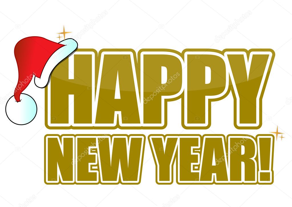 golden happy new year text with a santa hat stock photo golden happy new year text with a santa hat stock photo
