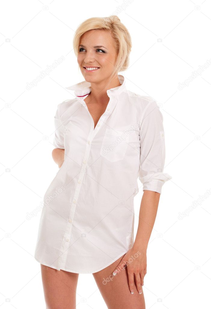 Superbe Femme Blonde En Chemise Blanche Avec Des Hanches Nues Image