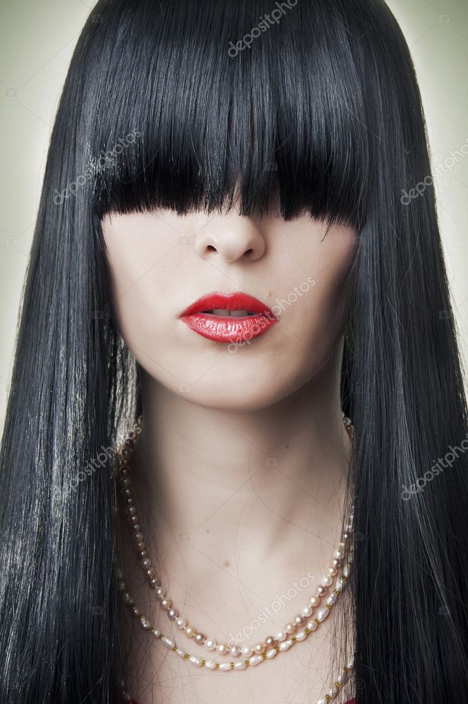  creative hairstyle long black hair Fashion makeup classic red lips