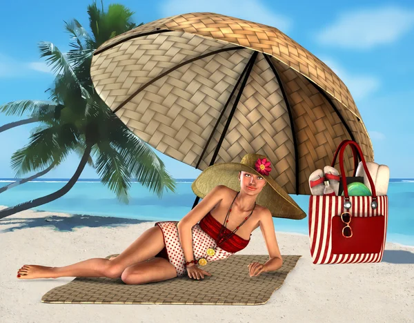Woman on a tropical beach under umbrella