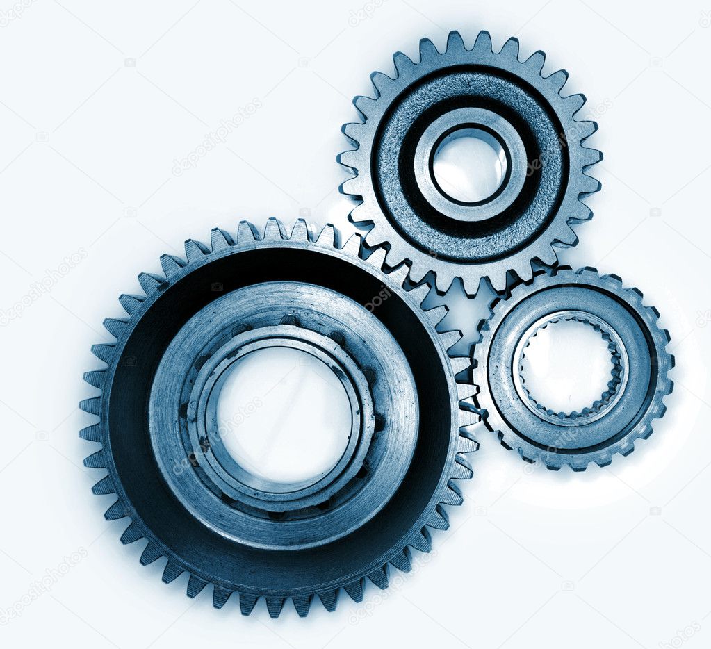 Three Gears Meshing Together On Plain Background — Stock Photo 