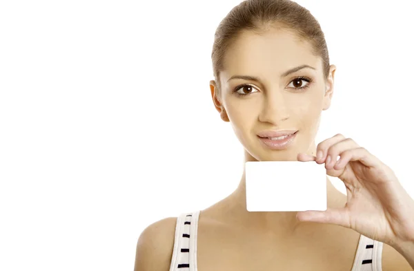 Attractive woman showing business card