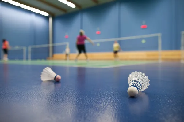 Badminton - badminton courts with players competing; shuttlecock