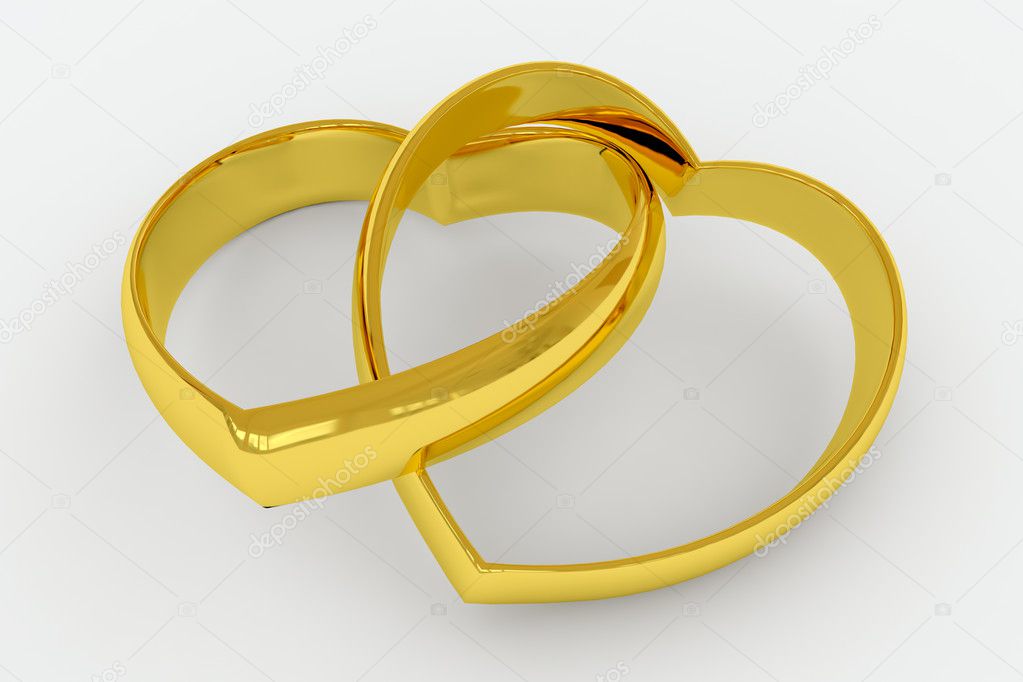 Heart shaped gold wedding rings on white background 3D render image