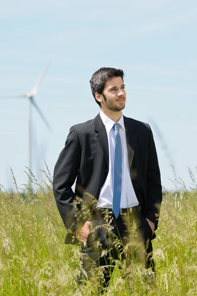 Green energy - Young businessman in field windmill