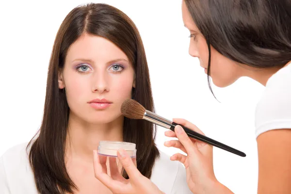 Make-up artist woman fashion model apply powder — Stock Photo #6441629