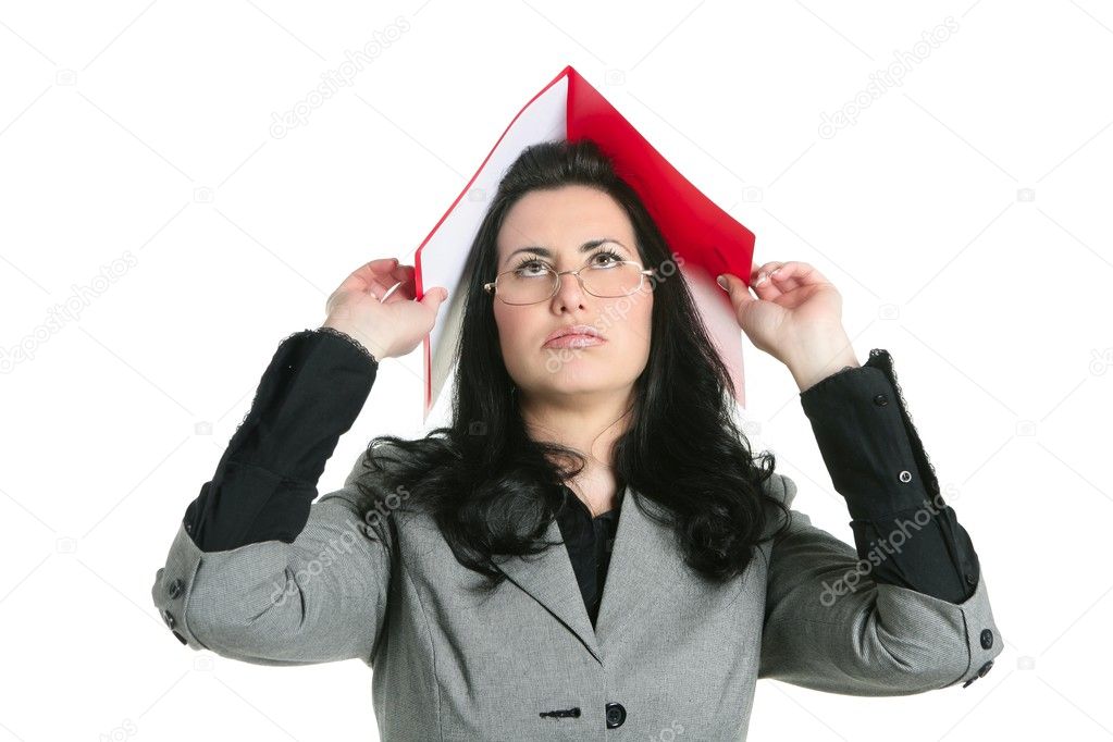 Businesswoman teacher woman busy upset folders in head