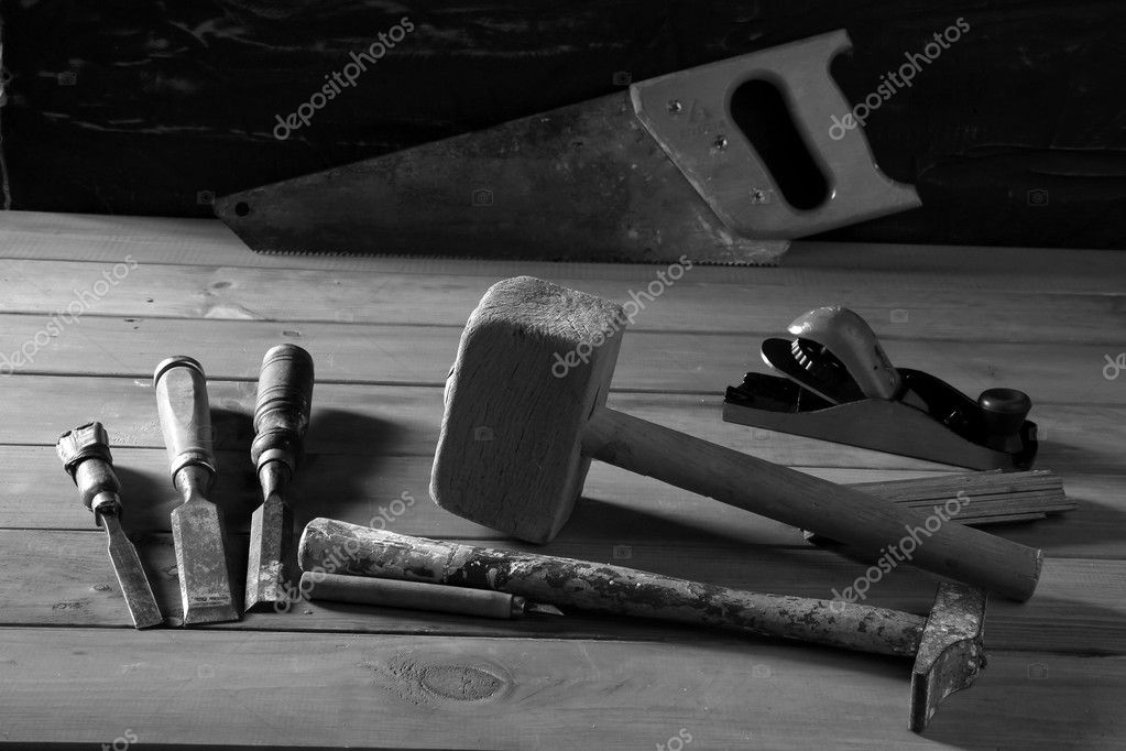 Carpenter craftman hand tools saw hammer wood tape plane gouge