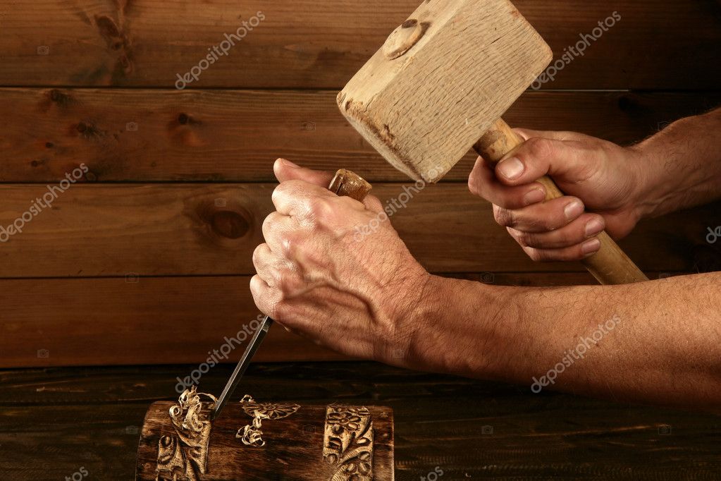 Gouge wood chisel carpenter tool hand hammer - Stock Image