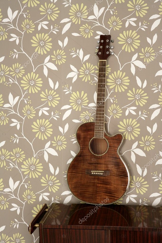 60s wallpaper. Acoustic guitar retro on vintage 60s wallpaper