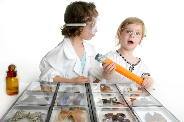 Naturalist little girls with butterfly collection